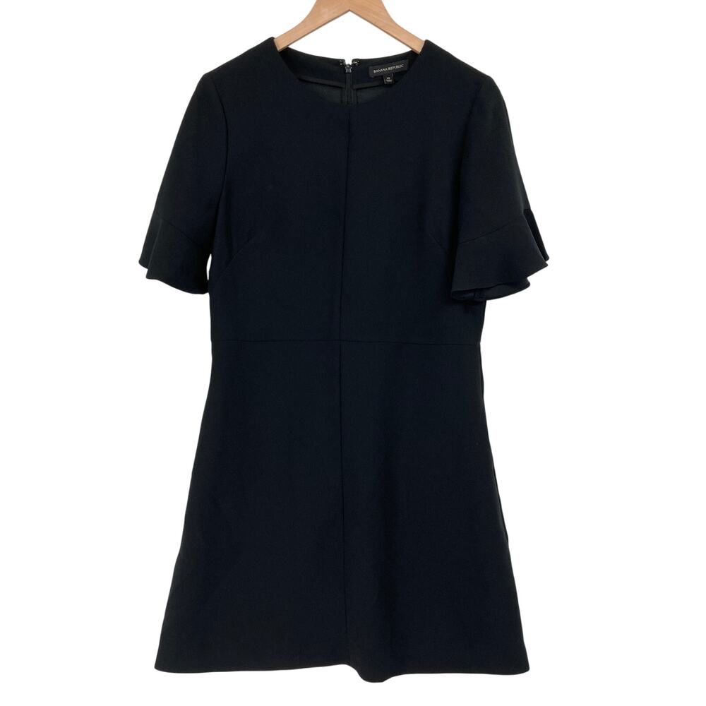 Banana Republic Womens 10 Black Fit Flare Dress Flutter Sleeve Pockets